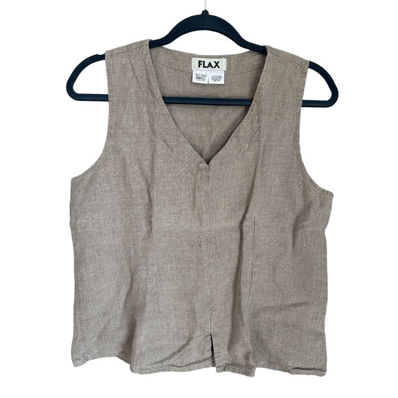 Flax Tops - Flax Linen Short Sleeve Top Tan V-Neck Minimalist Tan Sustainable Women's Small